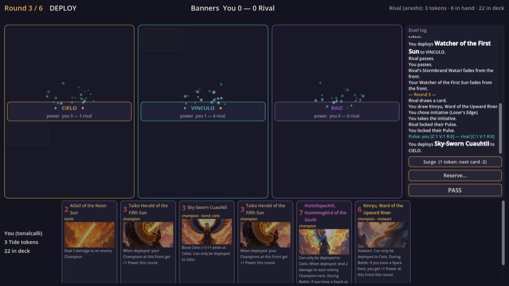 Captura del tablero ritual: los tres planos del duelo (imagen pendiente)